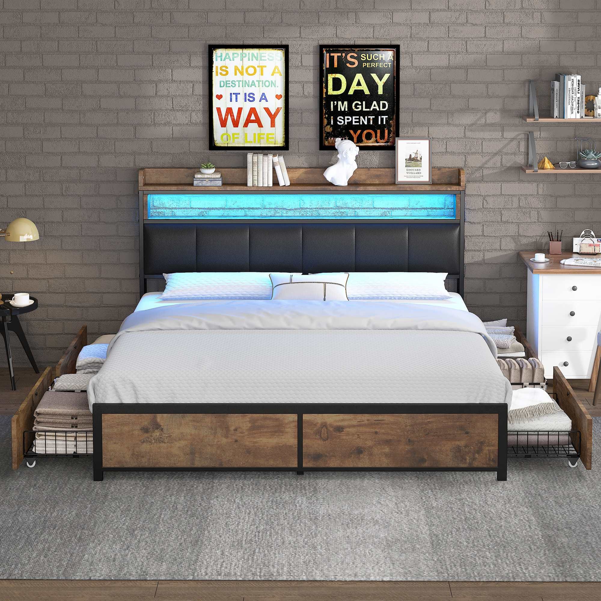 Lit double Lit adulte Lit led Lit adolescent 160 x 200 cm avec LED et 4 tiroirs - lin - gris Lit double Lit adulte Lit led Lit adolescent 160 x 200 cm avec LED et 4 tiroirs - lin - gris