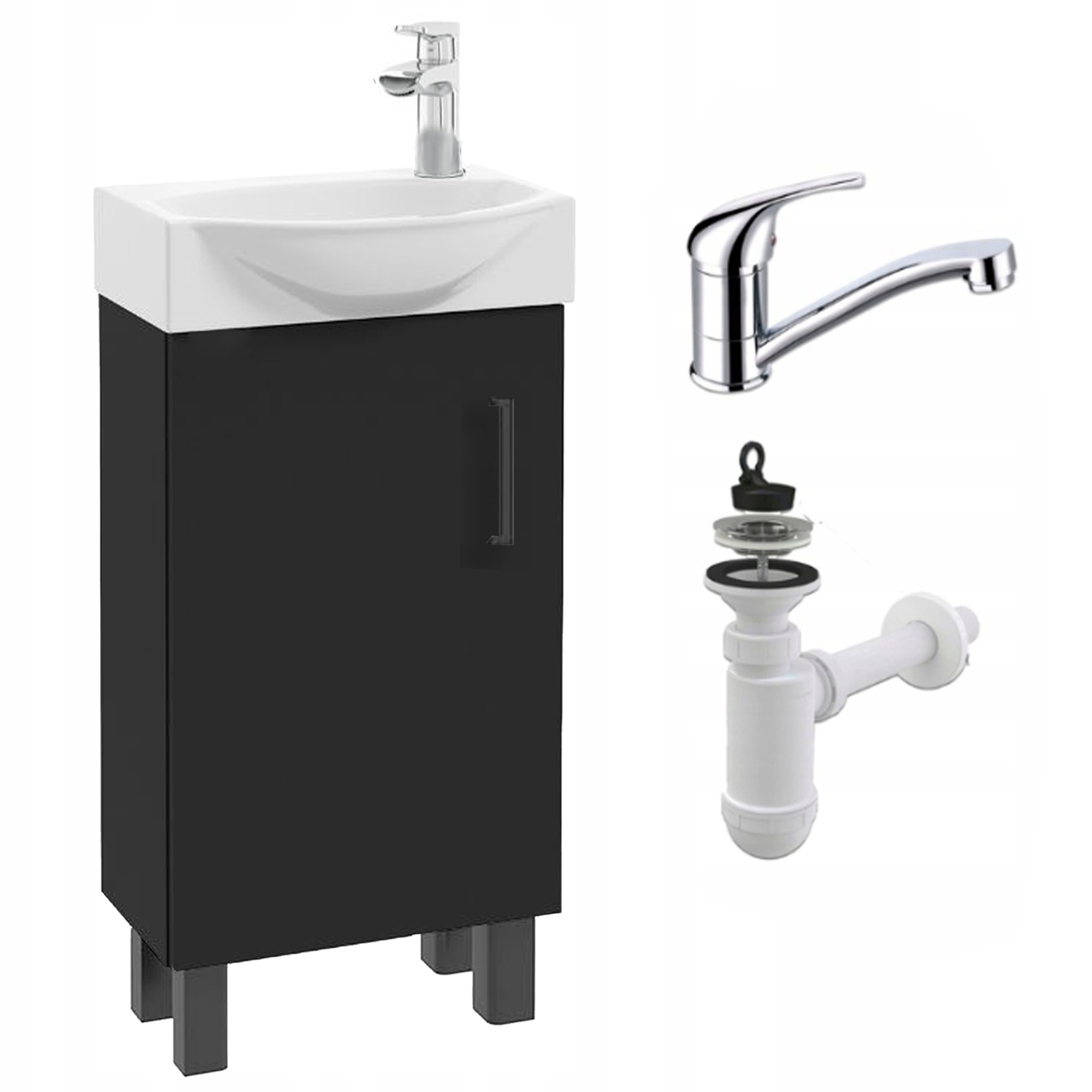 Szafka do Łazienki Stojąca z Umywalką 40 cm Czarna Matowa Bateria Chrom Obrotowa
