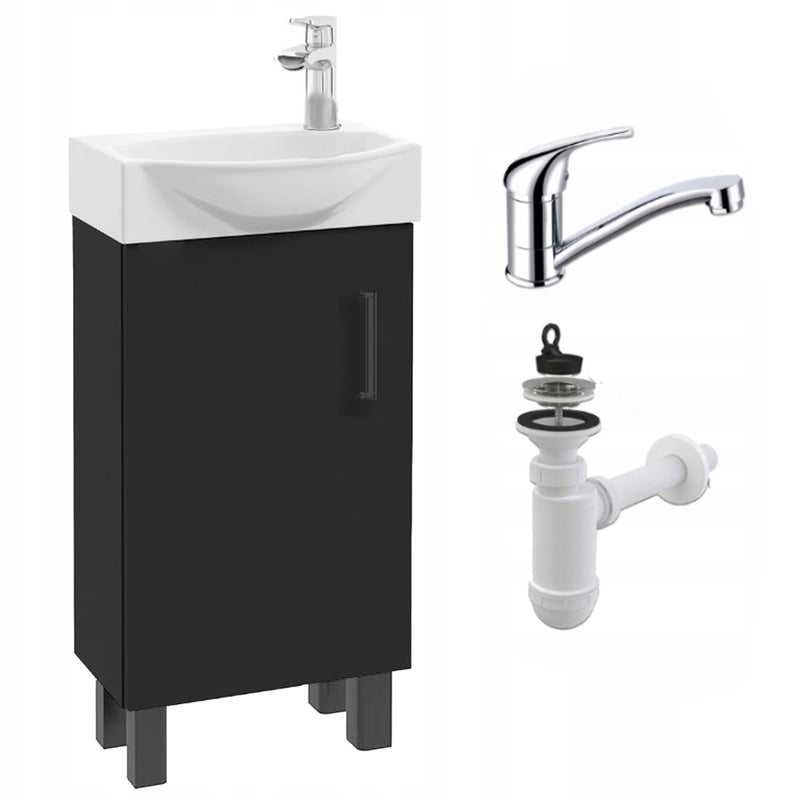 Szafka do Łazienki Stojąca z Umywalką 40 cm Czarna Matowa Bateria Chrom Obrotowa