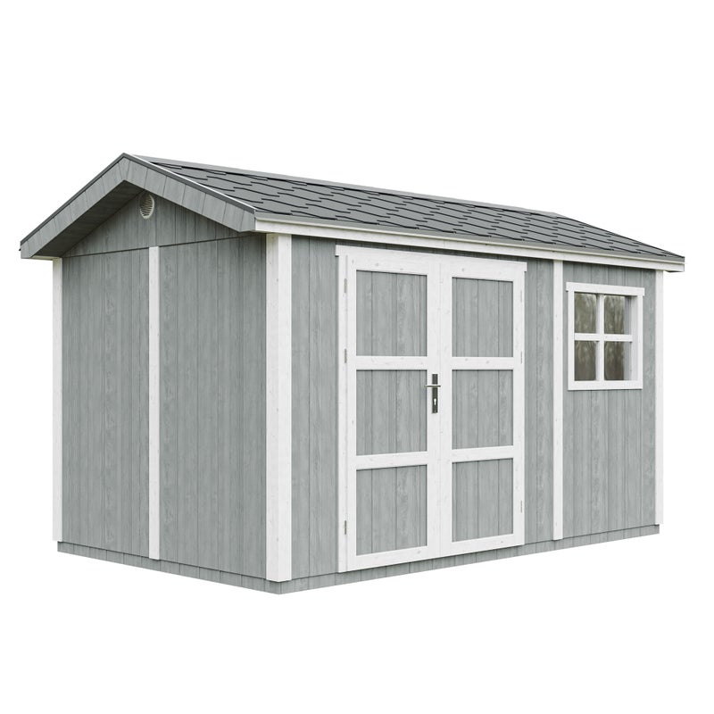 Szopa ogrodowa najwyższej jakości 8,68 m² - wys. 252 x 250 x 412 cm - z podłogą i gontem bitumicznym - Timbela M914A-CAVERN STEEL