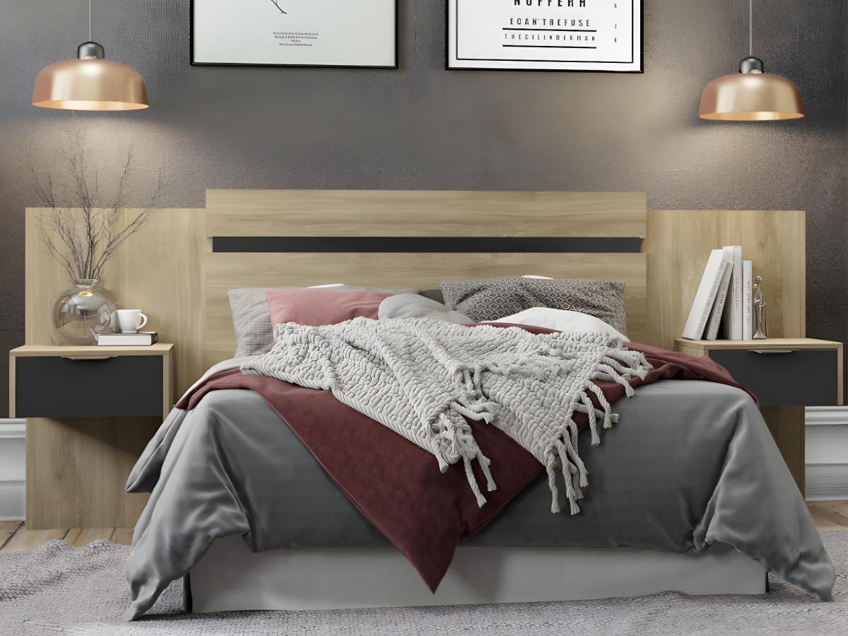 Cabeceira de cama extensível com mesas de cabeceira 140/160 cm cor natural e preto - PARATI - 7