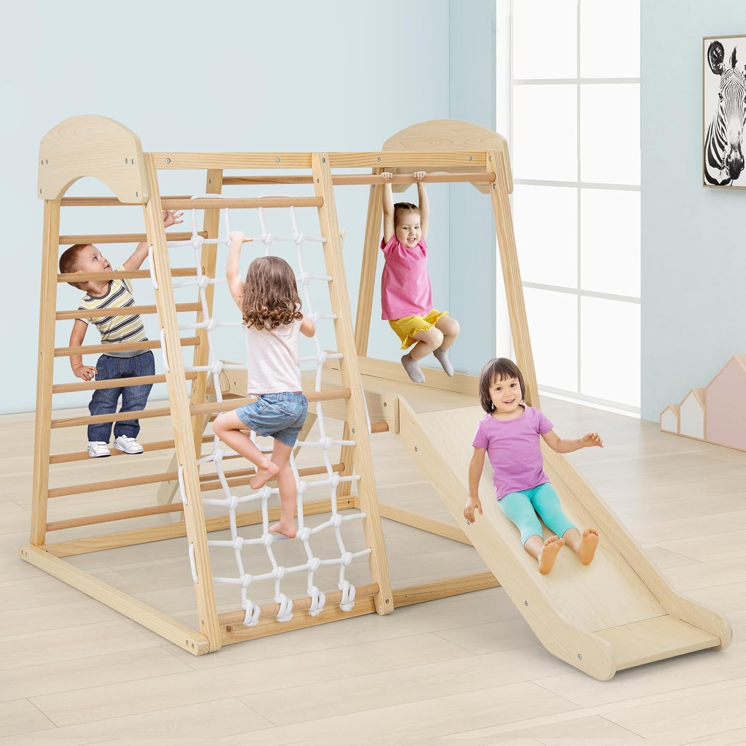 6 en 1 Jeu d'escalade Intérieur, Aire de Jeu en Bois avec Portique, Toboggan, Corde et Échelles, Jeu Montessori avec Ancrages Métalliques pour 1 an+ - 2