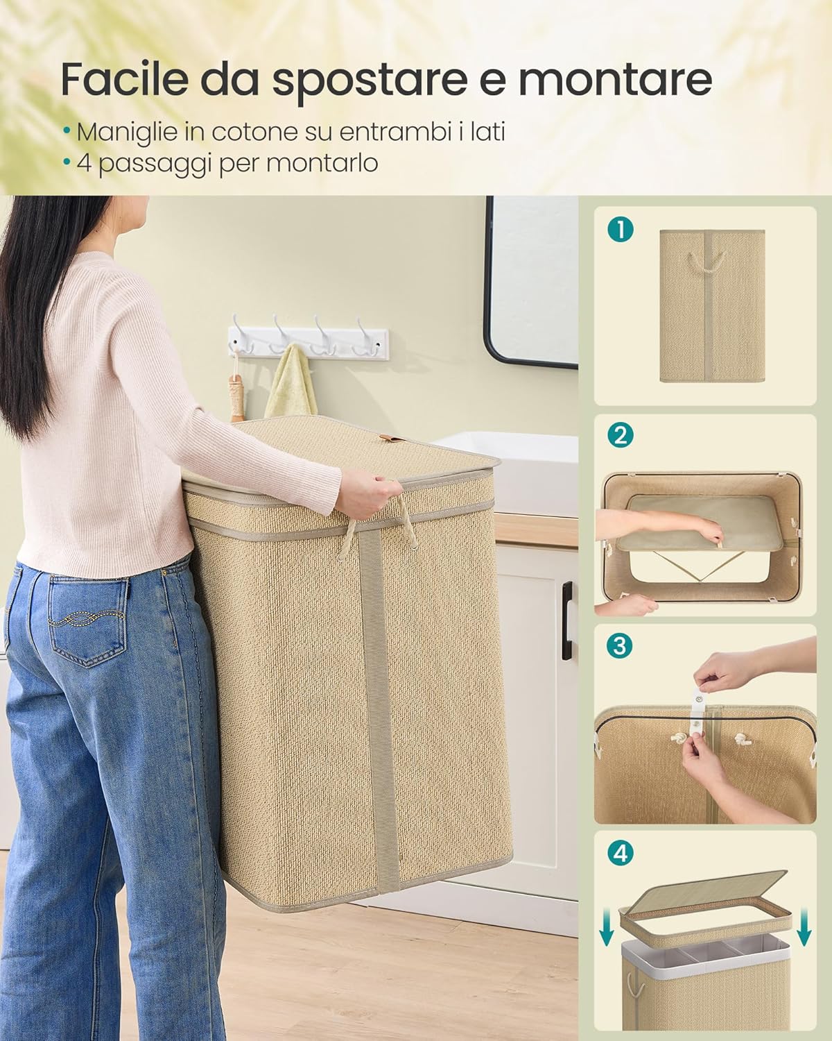 Floordirekt Cesto Portabiancheria In Bambù Con 3 Scomparti – Organizzatore Per Biancheria Missouri