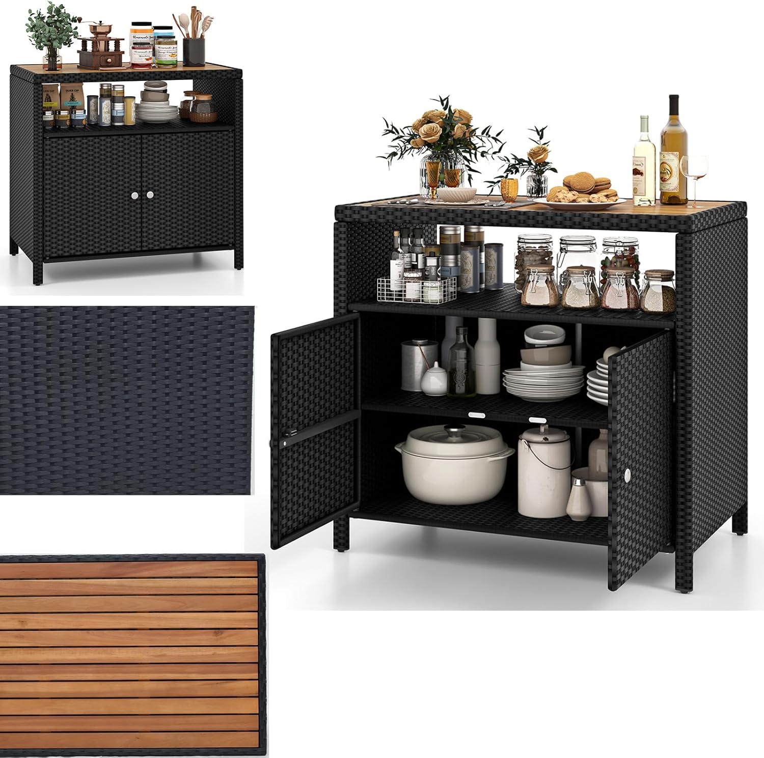 Szafka Ogrodowa z Rattanu, Duży Regał 90 x 53 cm z Drewna Akacjowego, Kredens Kuchenny z 4 Regałami Wewnątrz (Czarny)