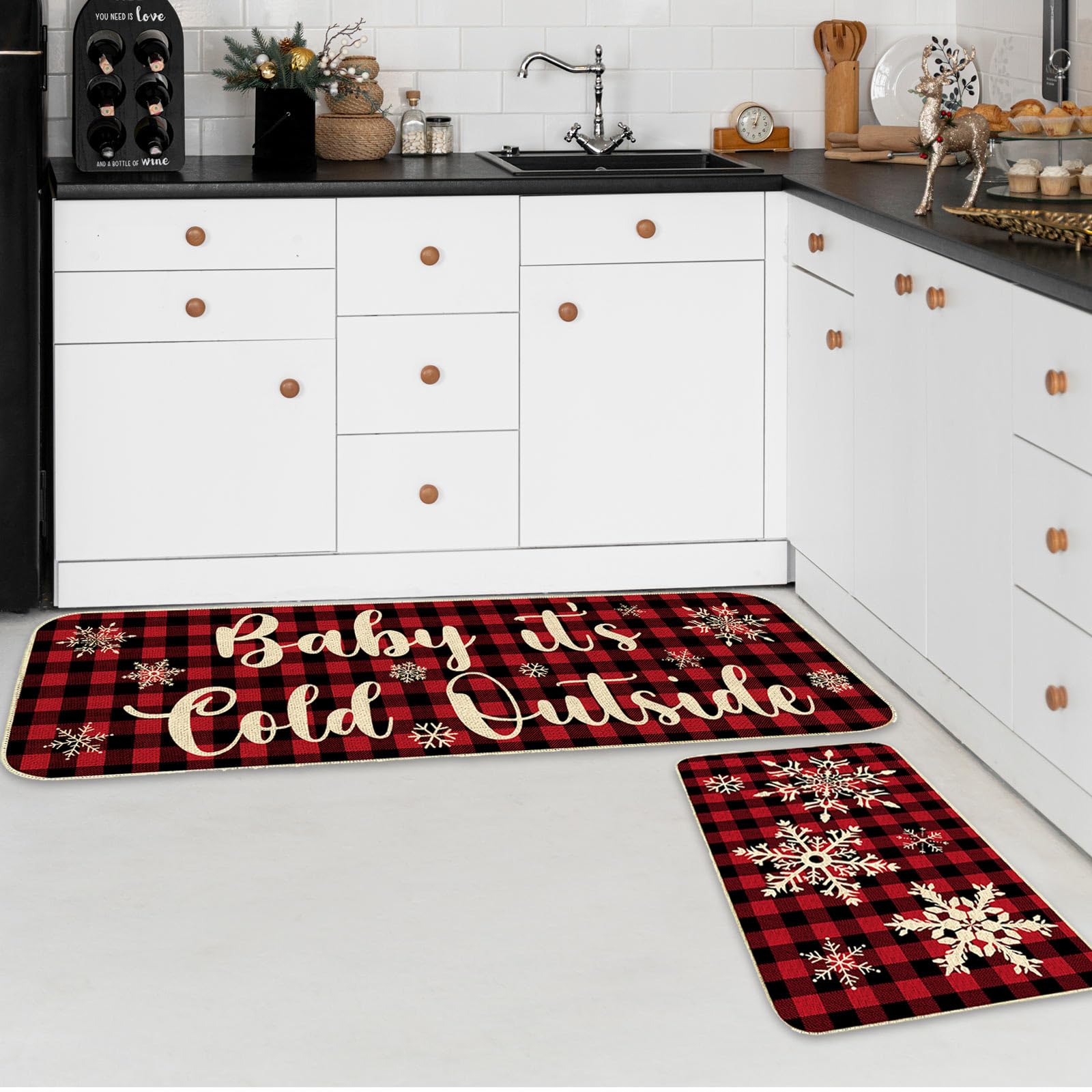 2-częściowy świąteczny dywanik kuchenny w płatki śniegu, antypoślizgowy dywanik kuchenny, zmywalny dywanik absorbujący, 40 * 60 cm + 40 * 120 cm