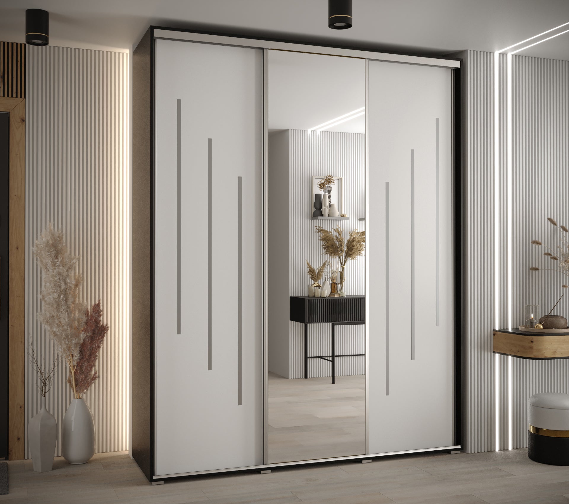 Szafa przesuwna z lustrem wysoka Davos 9 190 x 45 x 235,2 cm czarny + biały + u. srebrny - Abiks Meble - 2