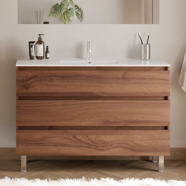 Meuble de salle de bain 120cm simple vasque - 3 tiroirs - sans miroir - noyer (bois foncé) - MAYOR