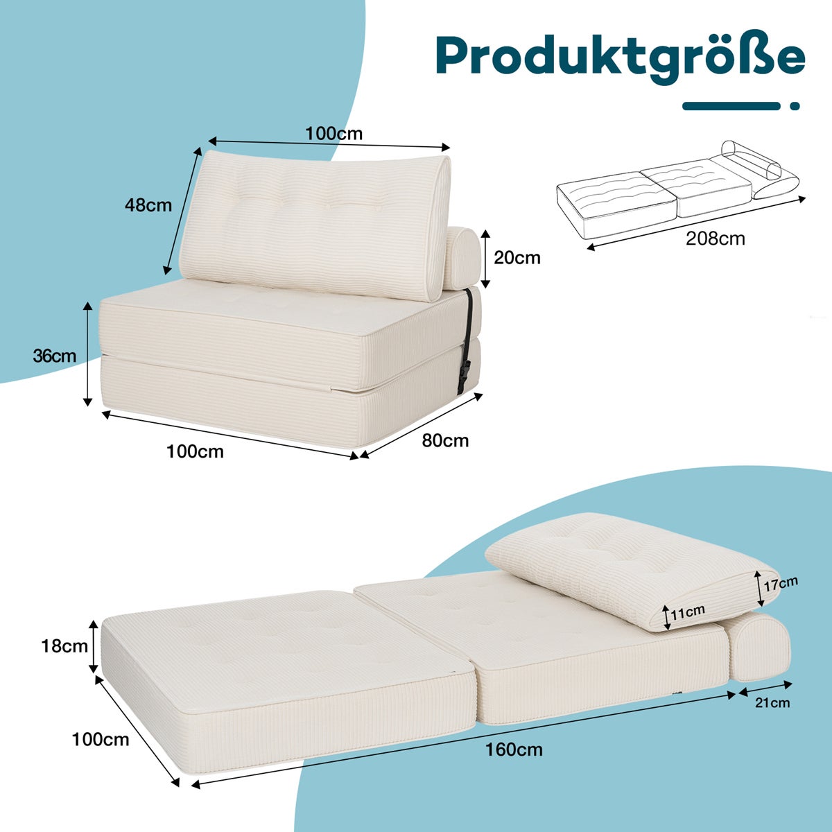 Canapé Convertible 3-en-1, Lit d'appoint avec Coussin, Fauteuil-Lit, Canapé Lounge Confortable pour Chambre et Salon, Blanc - 2