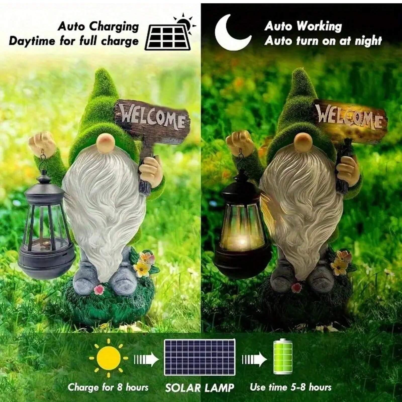 Statue lumineuse solaire d'extérieur pour jardin en forme de gnome - Résistante aux UV, résine - Vert - 3