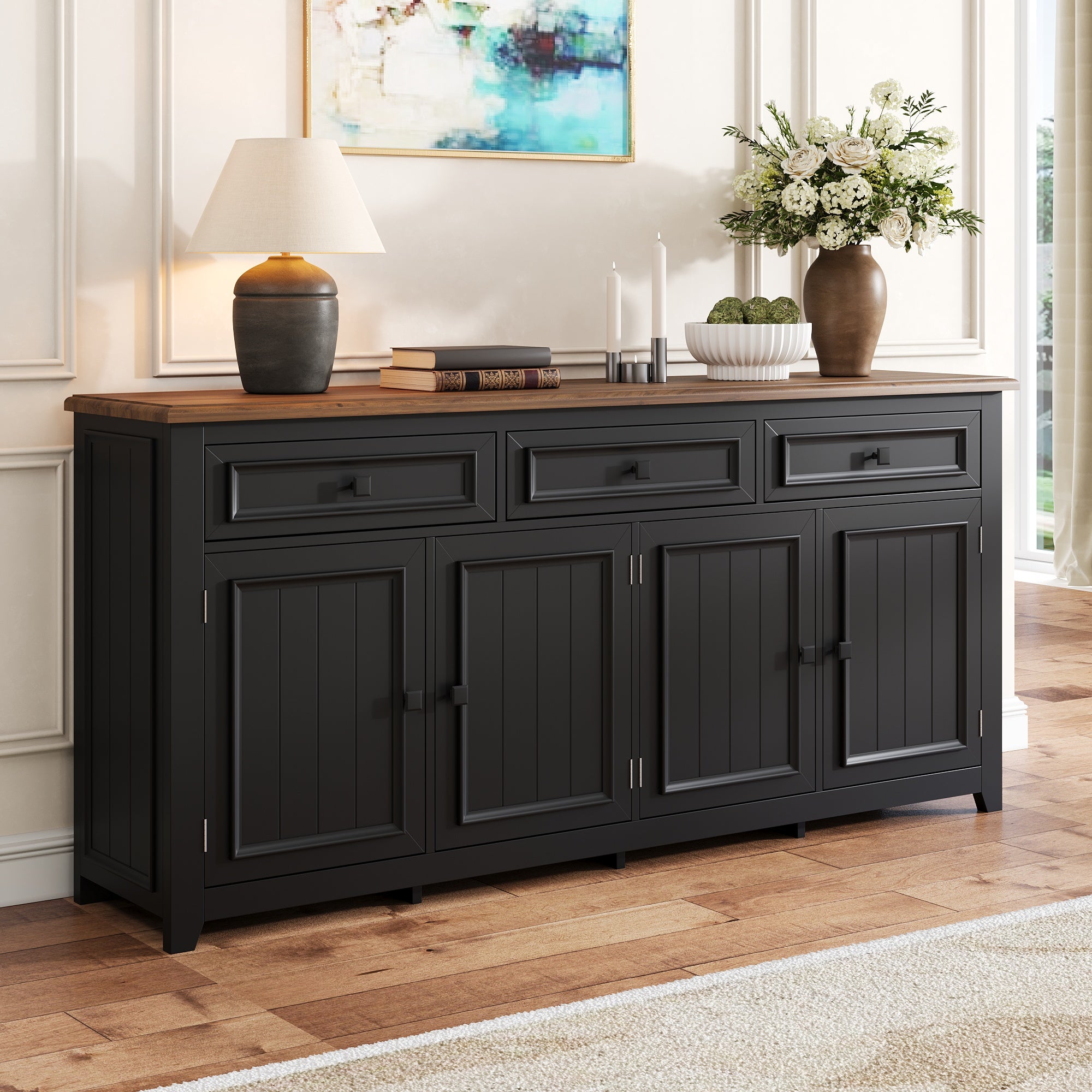 Nowoczesny buffet 160x35x76 cm - 3 szuflady i 4 fronty - Regulowane półki - MDF - Czarny
