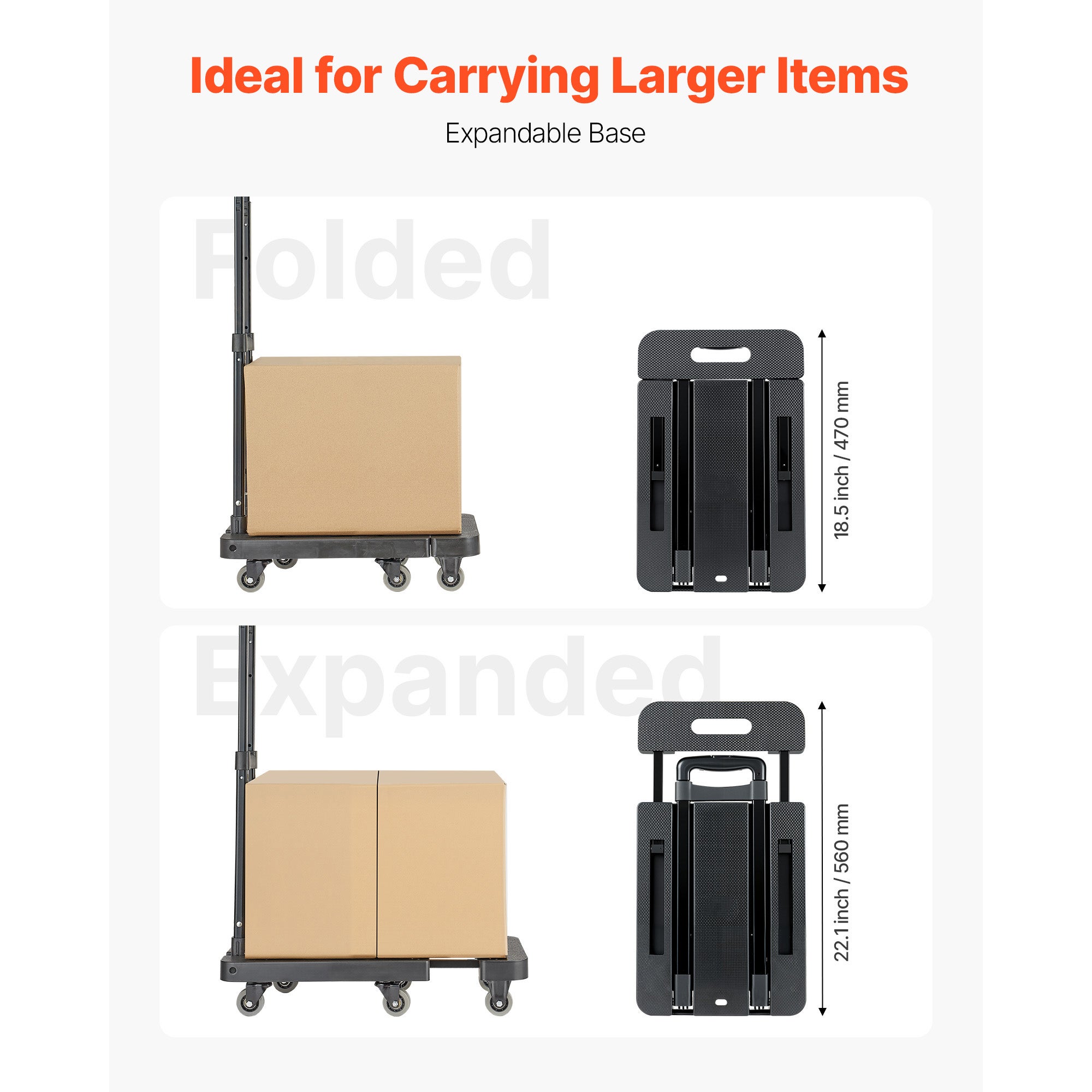 Carrinho mão dobrável SucceBuy com 6 rodas, carga 226,8 kg, com 2 cordas elásticas e base extensível, para mudanças, transporte em aeroportos - 4