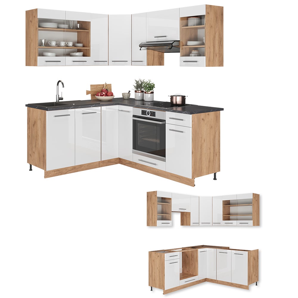 Vicco Cuisine en angle Fame-Line, Blanc brillant/Chêne doré, 190x46cm sans PT - 9