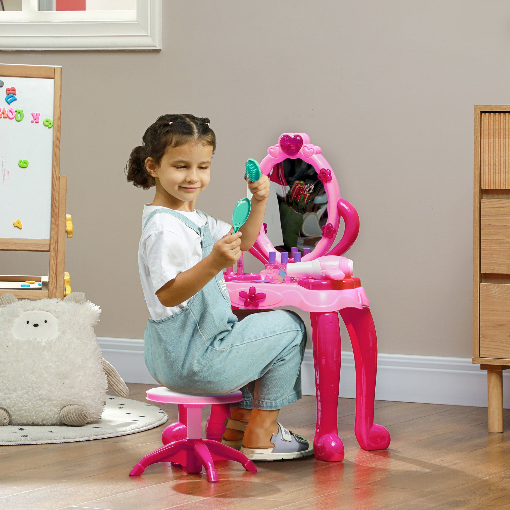 Coiffeuse Enfant AIYAPLAY Avec Tabouret – Miroir, 4 Tiroirs, Couleur Rose – À Monter, Dimensions 27.6 X 15.7 X 38.6 Pouces
