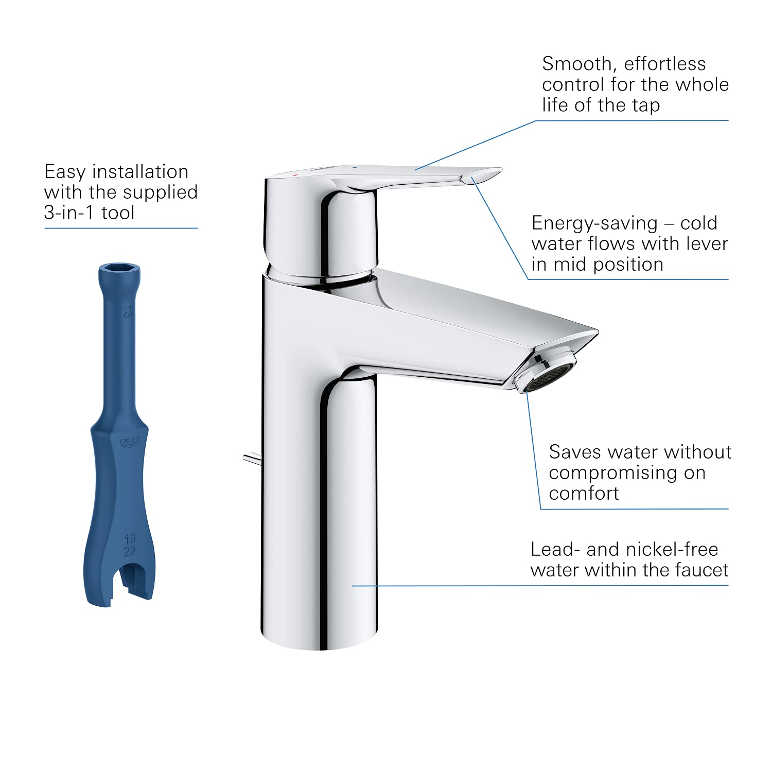 Mitigeur lavabo GROHE Quickfix Start 2021 avec tirette et vidage taille M chromé - 9