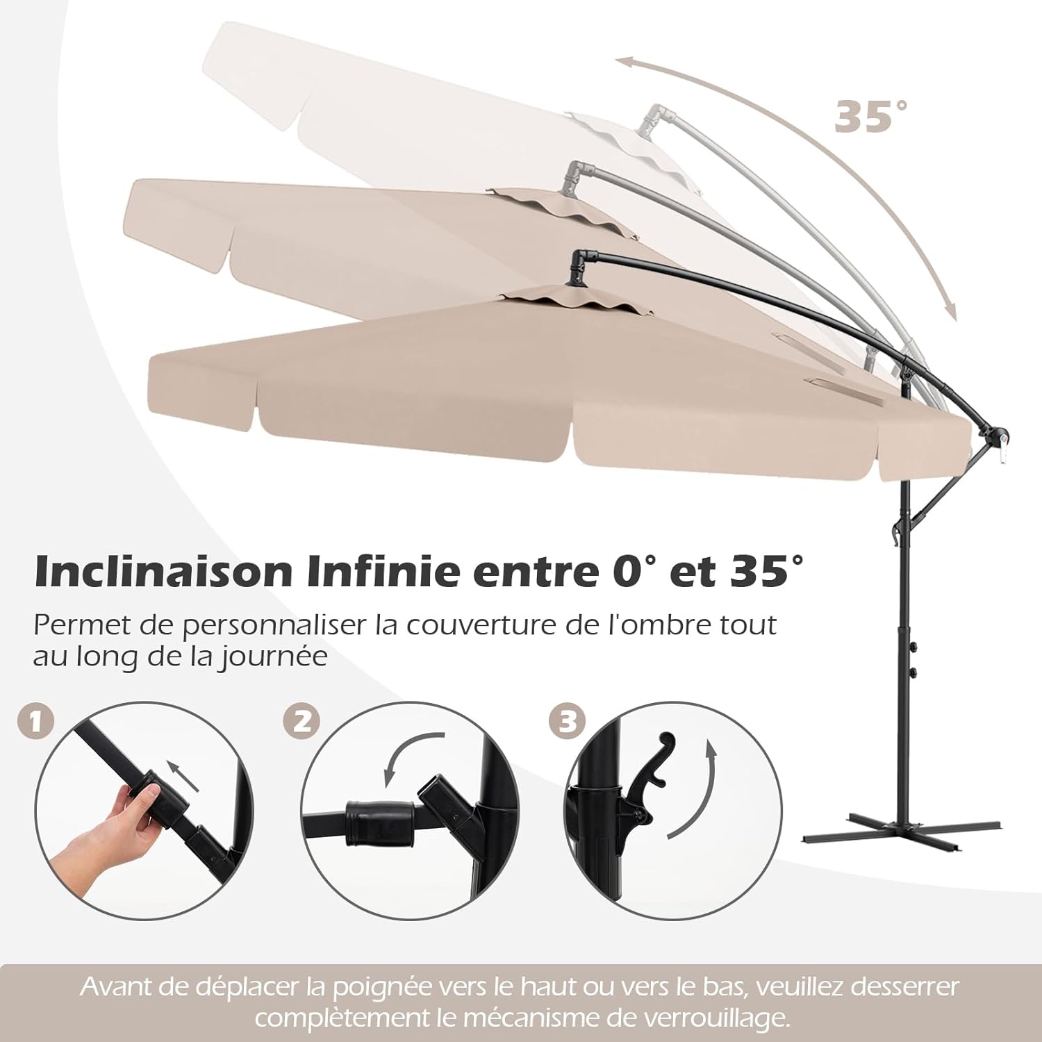 Parasol Déporté 3x3m avec Housse, Grand Parasol de Jardin Exterieur,8 Baleines et Base Croisée, Parasol Inclinable Suspendu avec Manivelle(Beige) - 4