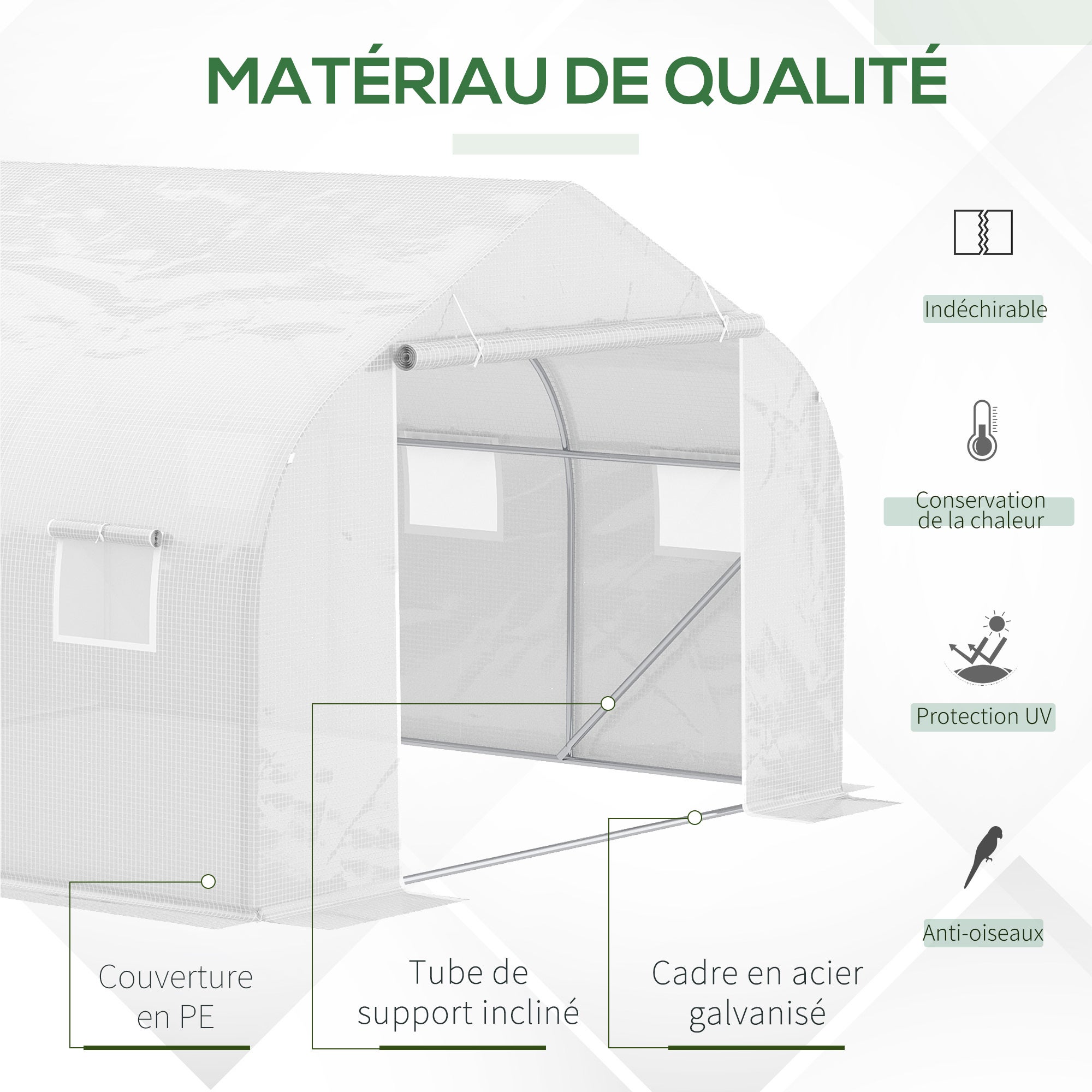 Serre Tunnel de Jardin 10,5 m² dim. 3,5Lx3lx2H m Porte + 6 fenêtres enroulables Acier galvanisé bâche PE Haute densité Blanc - 6