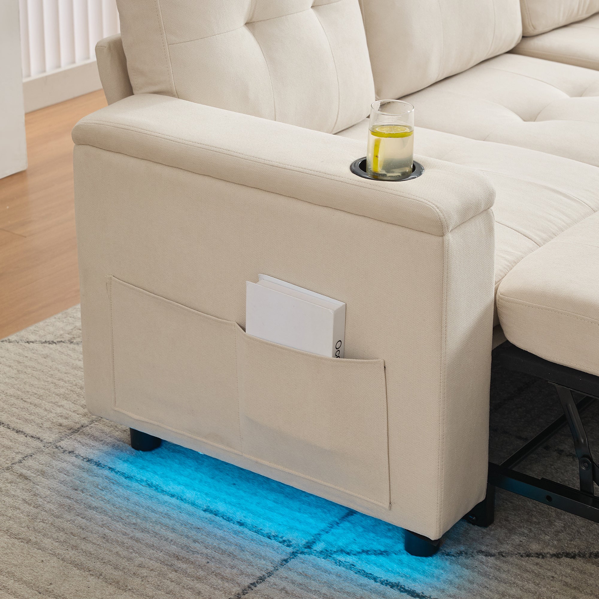 Sofa narożna 3-osobowa z funkcją spania - 208 x 146 x 89,5 cm - Diody LED i gniazdo ładowania - Wyściółka z włókniny i pianki - Beżowa - 5