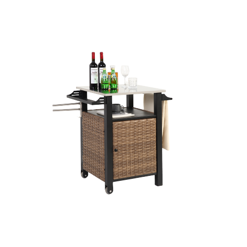 chariot roulant et armoire de rangement pour îlot de cuisine d'extérieur en osier, poignée latérale pour cuisine de patio ou chariot de bar, marron - 8