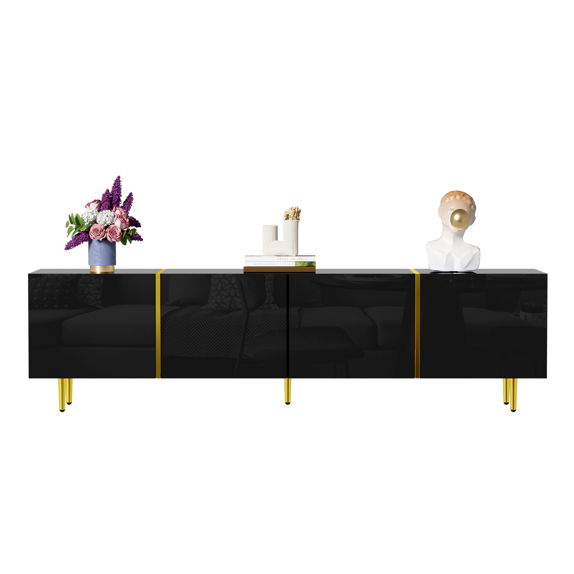 Szafka TV czarno-złota z 4 drzwiami, wysokiej błyszczy, 170 cm, MDF, Soft-Close