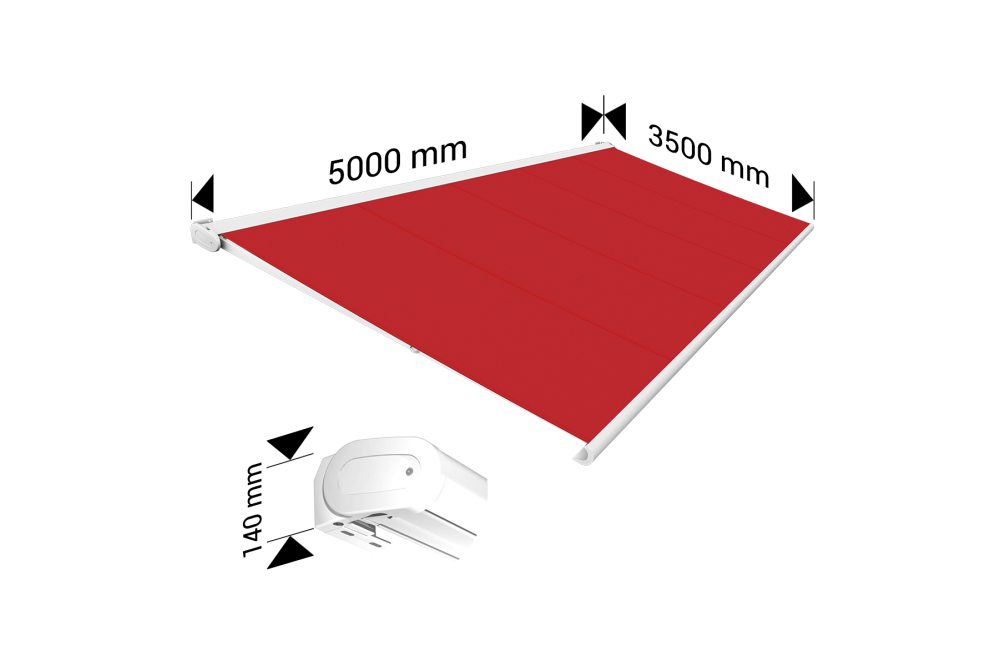 Store banne Coffre intégral PROTECT 2 LED SMART Blanc 5x3,5m Motorisé à télécommande + Capteur Vent + LED - Toile Rouge - 4