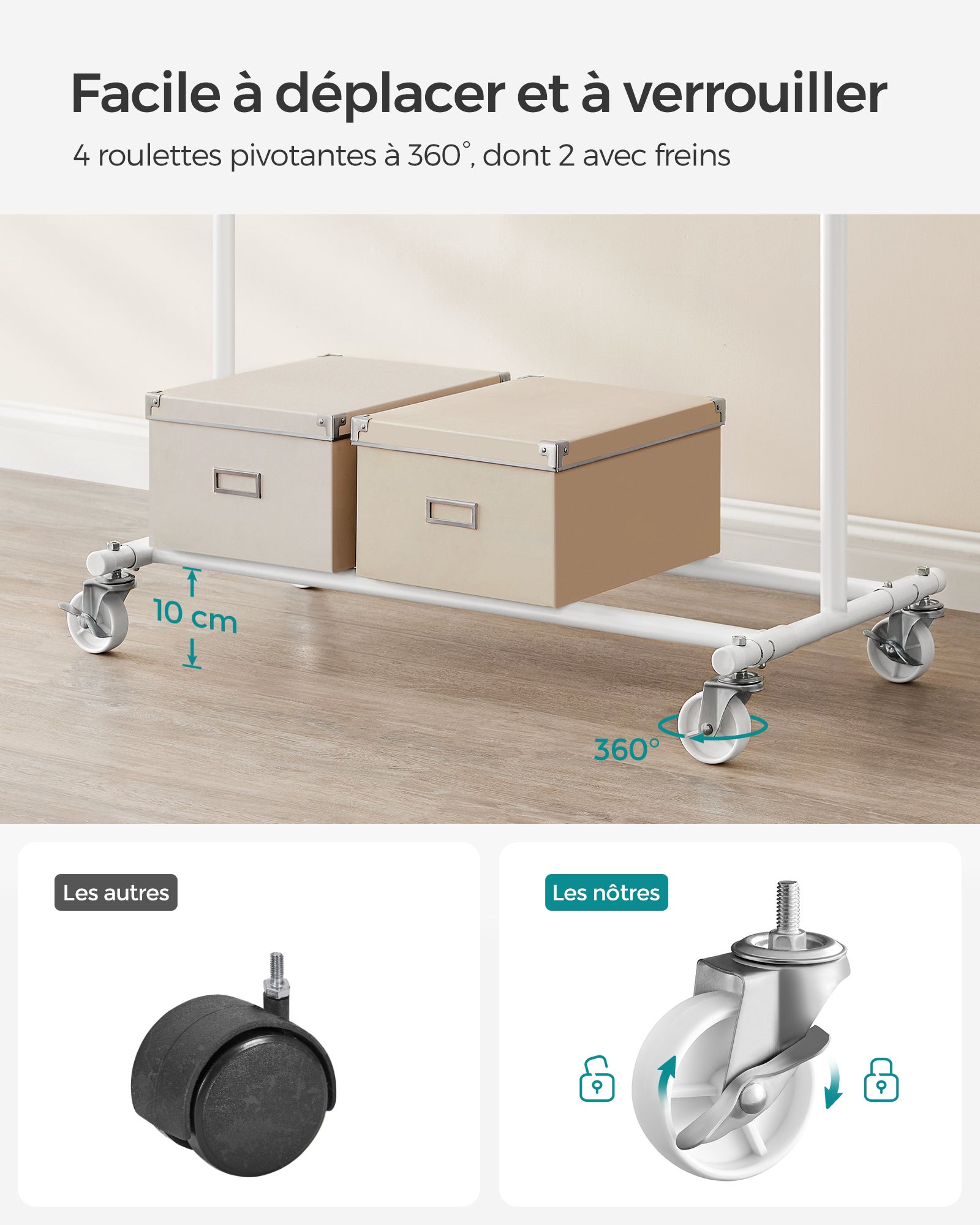 Portant à Vêtements avec Roulettes, Tringle Extensible pour Charge Lourde, Capacité de Charge 100 kg, Blanc Classique - 4