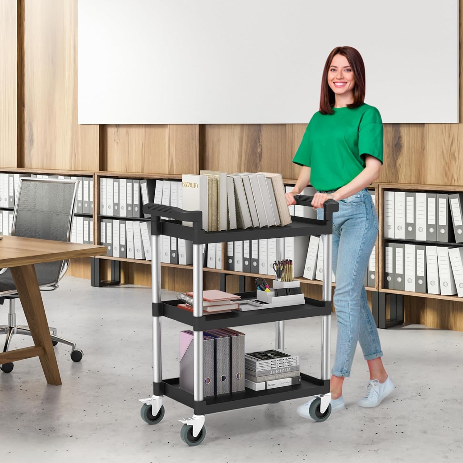 Wózek na Kółkach z 3 Poziomami, Aluminiowy Wózek na Kółkach z 2 Uchwytami, 4 Kółkami Uniwersalnymi i 2 Kółkami z Blokadą, Nośność 225 kg - 9