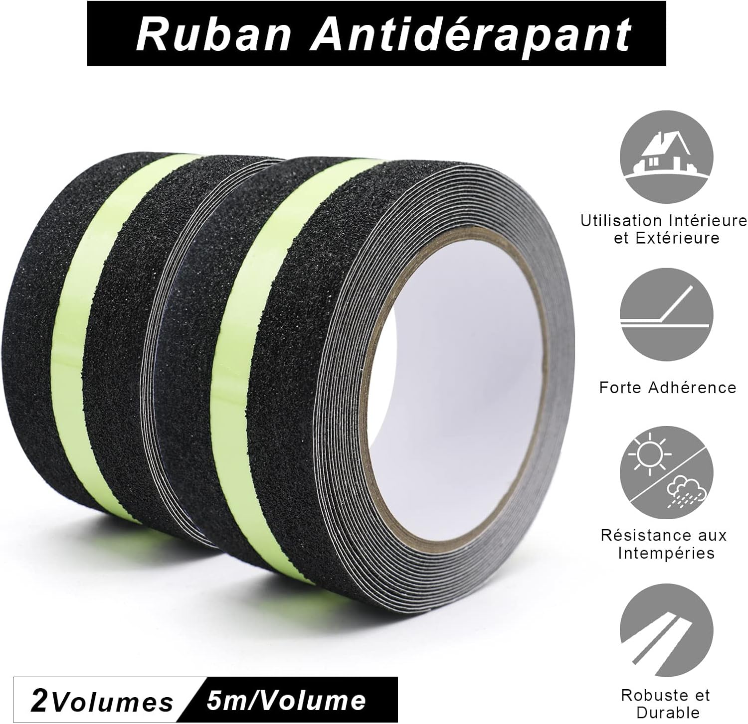 2 Pack adhésif antidérapant avec Film Lumineux Brille dans Le Noir, Bande de sécurité pour escaliers échelles sols glissants Intérieur et Extérieur - 3