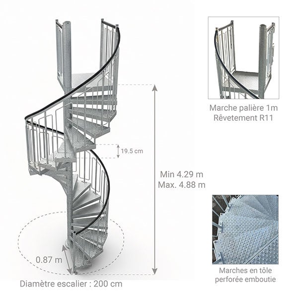 Escalier industriel hélicoïdal 25 marches - Hauteur à franchir 4,88m - HELI200-488-25-DR - 2