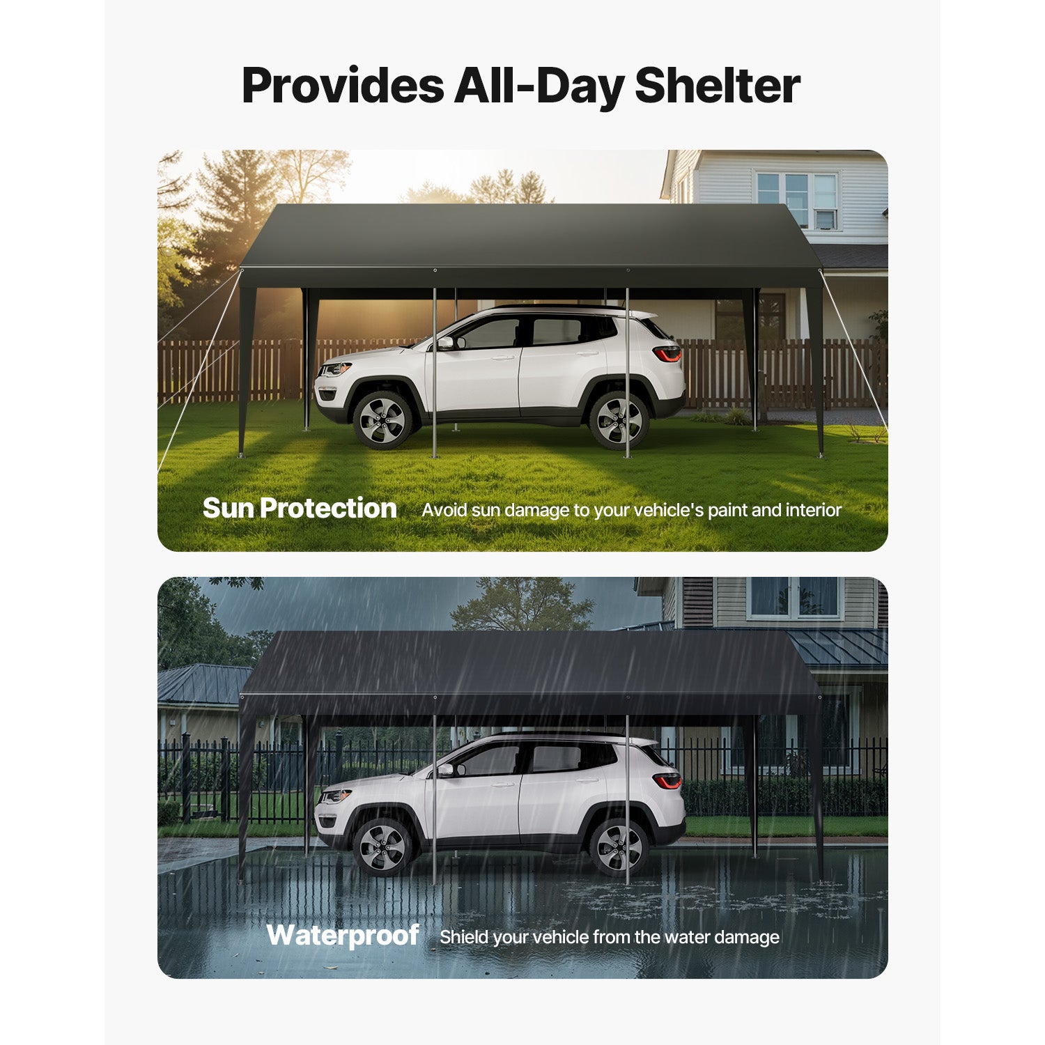 Abri de voiture SucceBuy 3,05 x 6,09 m, structure robuste en acier, garage exterieur resistant aux UV et a leau, protection toute saison pour voitures - 3