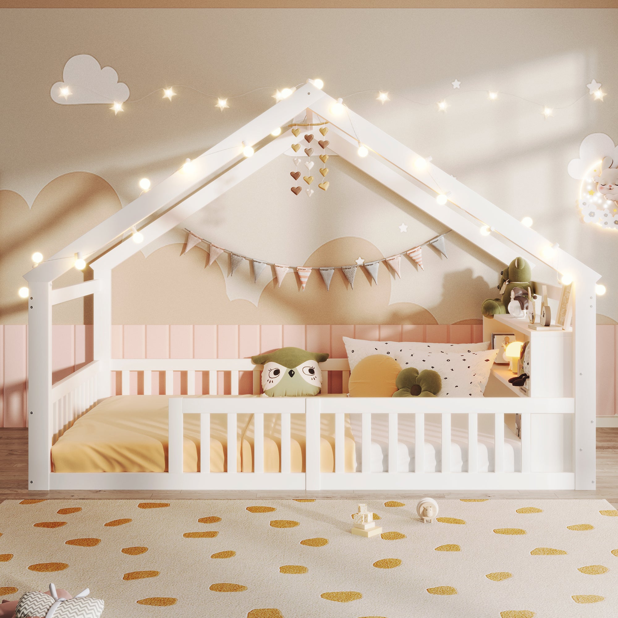 Lit cabane 140 x 190 cm avec barrière et étagères de rangement - Pin + MDF + contreplaqué - Blanc (matelas non inclus) - 3