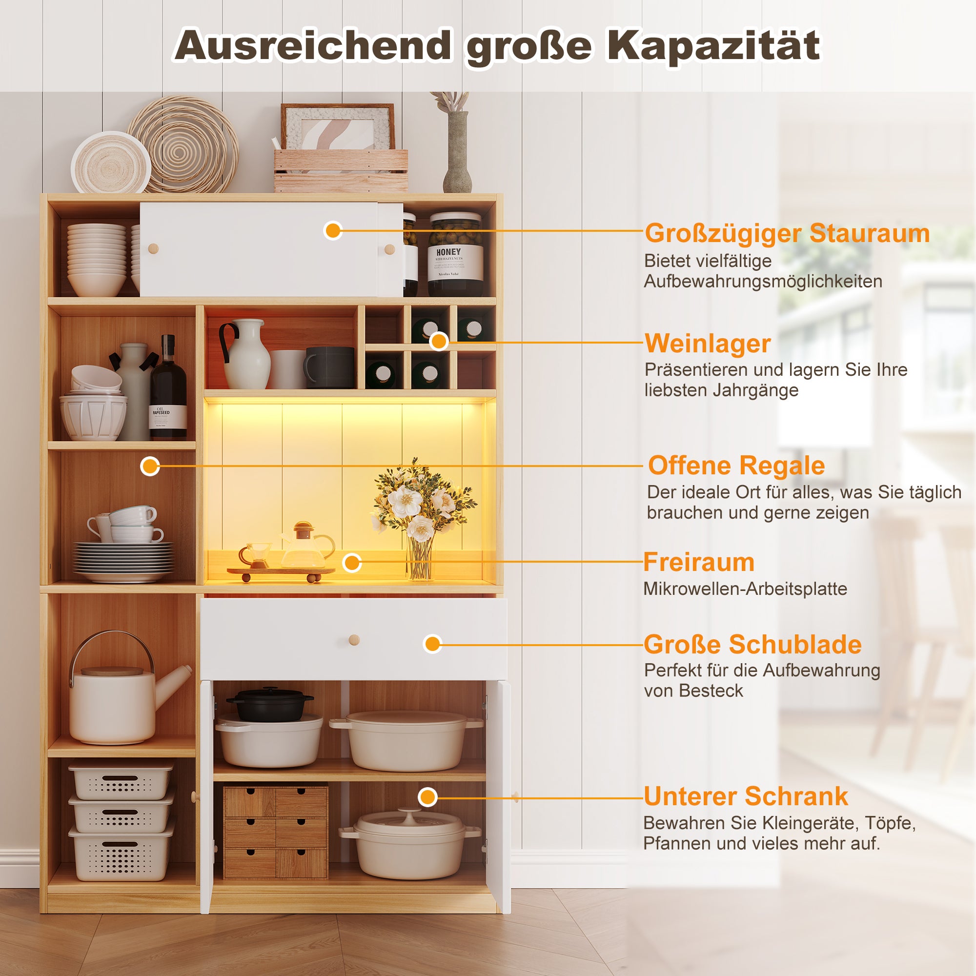 Kredens kuchenny z 4 drzwiami, 1 szufladą, regałem na wino i półkami - 115 x 35 x 180 cm - diody LED - Płyta wiórowa - Biały + naturalny - 6