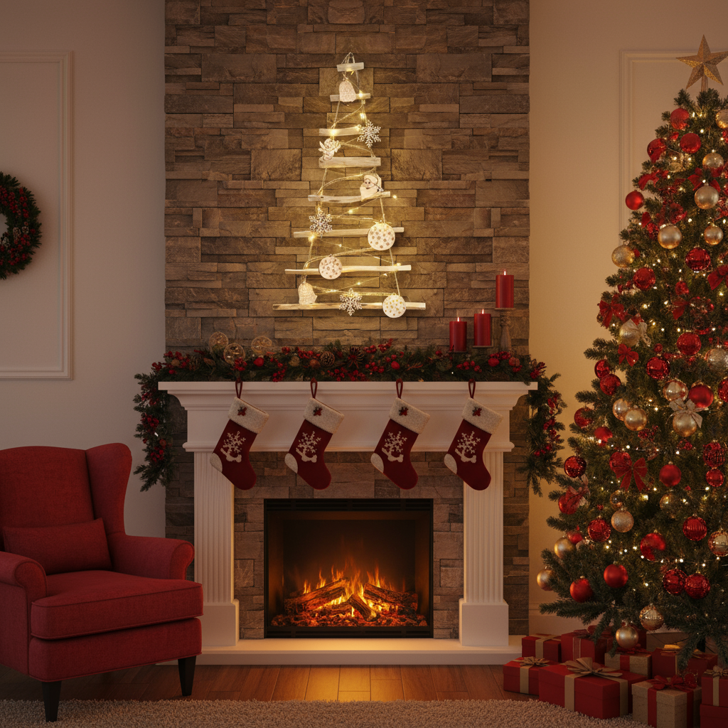 BOGATECO Sapin de Noël fait main de 95 cm de haut avec décorations | lumières LED | Panneaux en bois reliés par une corde de jute - 11