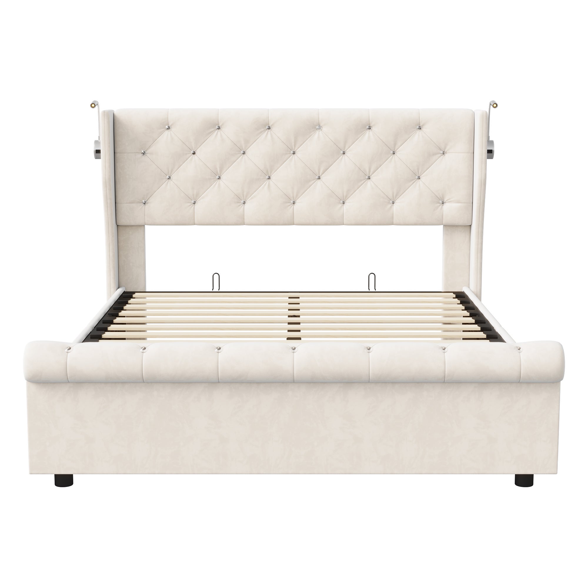Lit coffre 140x190 velours beige, tête de lit avec LED et port USB, sommier à lattes inclus, rangement hydraulique à vérins, chambre adulte - 11