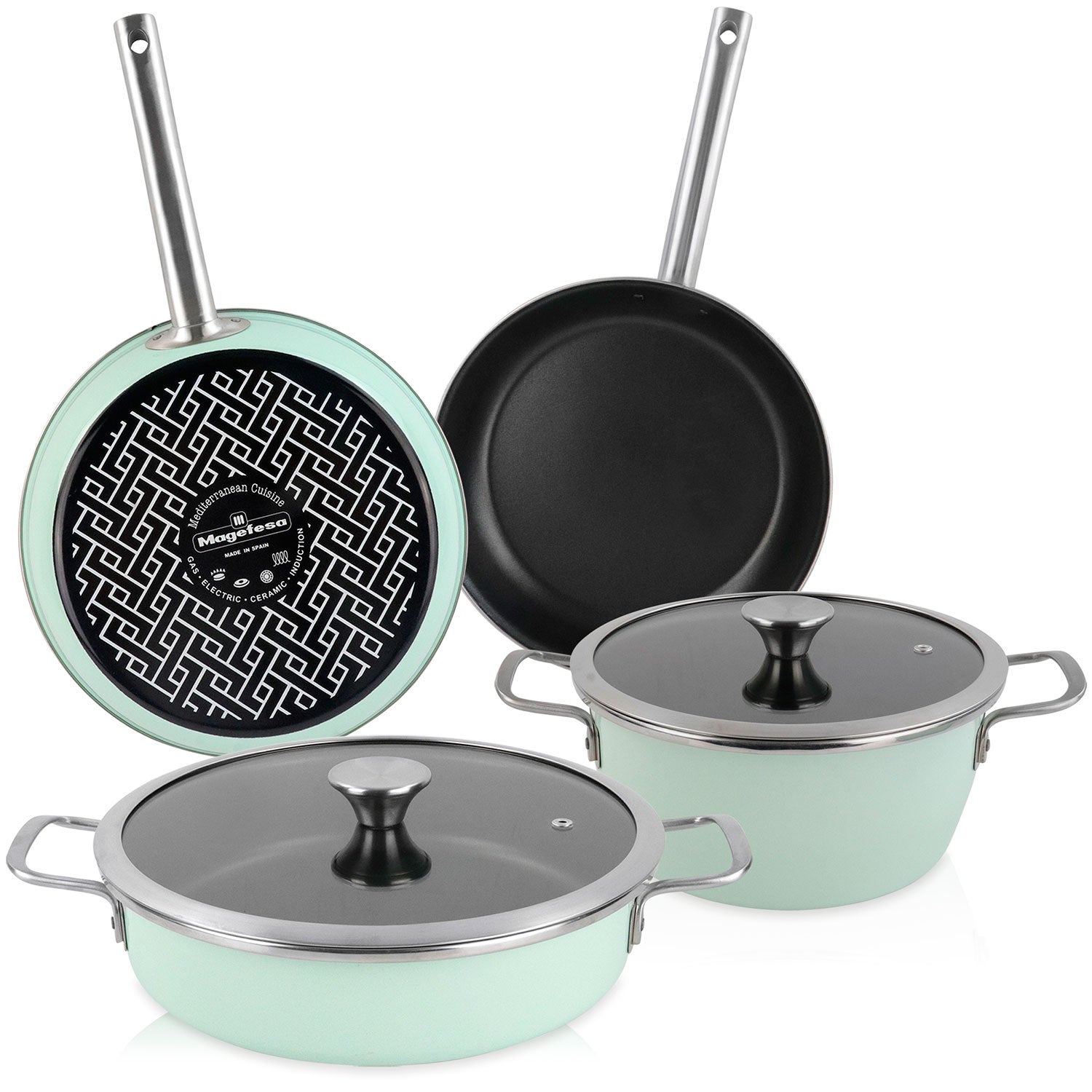 Kitchen Academy - Set di pentole a induzione, 17 pezzi, con coperchi in vetro e rivestimento in granito, con padelle e pentole (verde, 17 pezzi