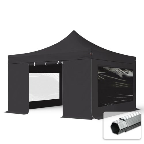 4x4m gazebo pieghevole PVC ignifugo con 4 laterali (finestre panoramiche), PROFESSIONAL alluminio, nero