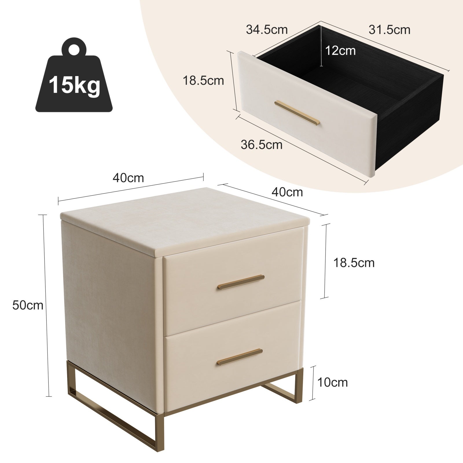 Lot de 2 Tables de chevet,Velours Beige, avec 2 Tiroirs et Poignées Dorées, Base Métallique Dorée, Design Minimaliste et Élégant, idéal pour Chambre - 4