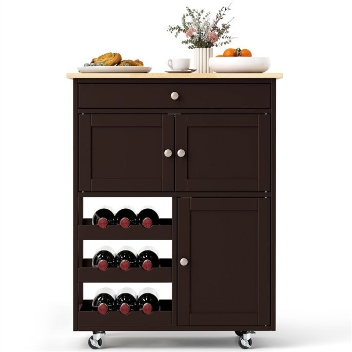 Wózek na Kółkach 67 x 37 x 86 cm z Dużą Przestrzenią do Przechowywania, Centralną Wyspą Kuchenną z Drewna z 3-Poziomowymi Półkami na Wino (Brązowy)