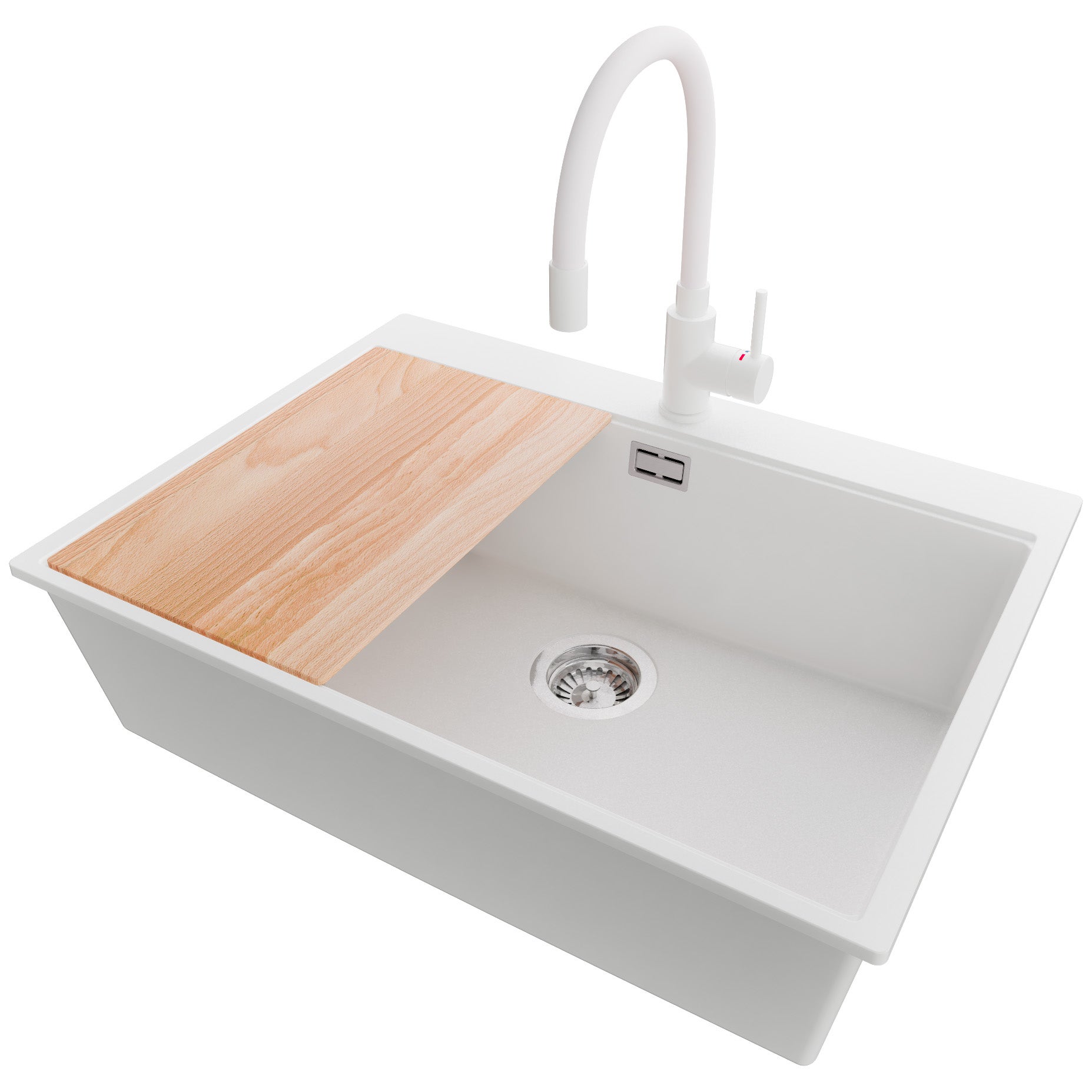 Zlewozmywak Granitowy Biały 68x50cm, Zlew Kuchenny 1 Komorowy + Bateria 38x14cm + Syfon + Deska, Nablatowy do szafki od 70cm - Oslo PRIMAGRAN