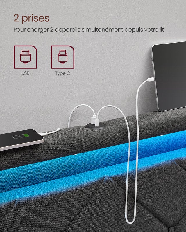 Lit Double, 140 x 190 cm, avec LED, en Métal, 4 Tiroirs, Multiprise, Tête de Lit Rembourrée Ajustable, pas Besoin de Sommier, Gris Ardoise et Noir Mat - 3