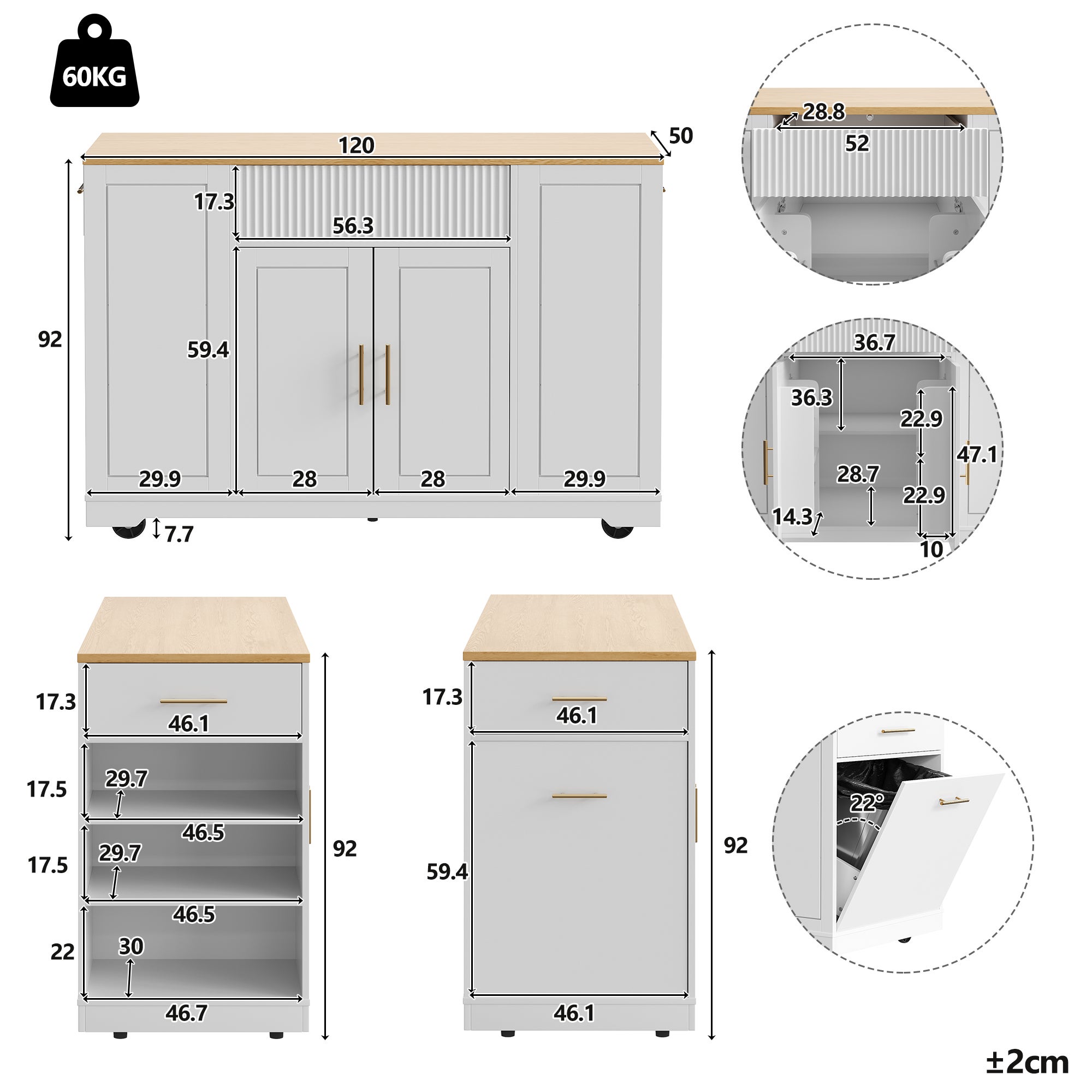 Îlot central de cuisine mobile avec 2 portes, 3 tiroirs et compartiment poubelle - 120 x 50 x 92 cm - MDF + Métal - Blanc - 6