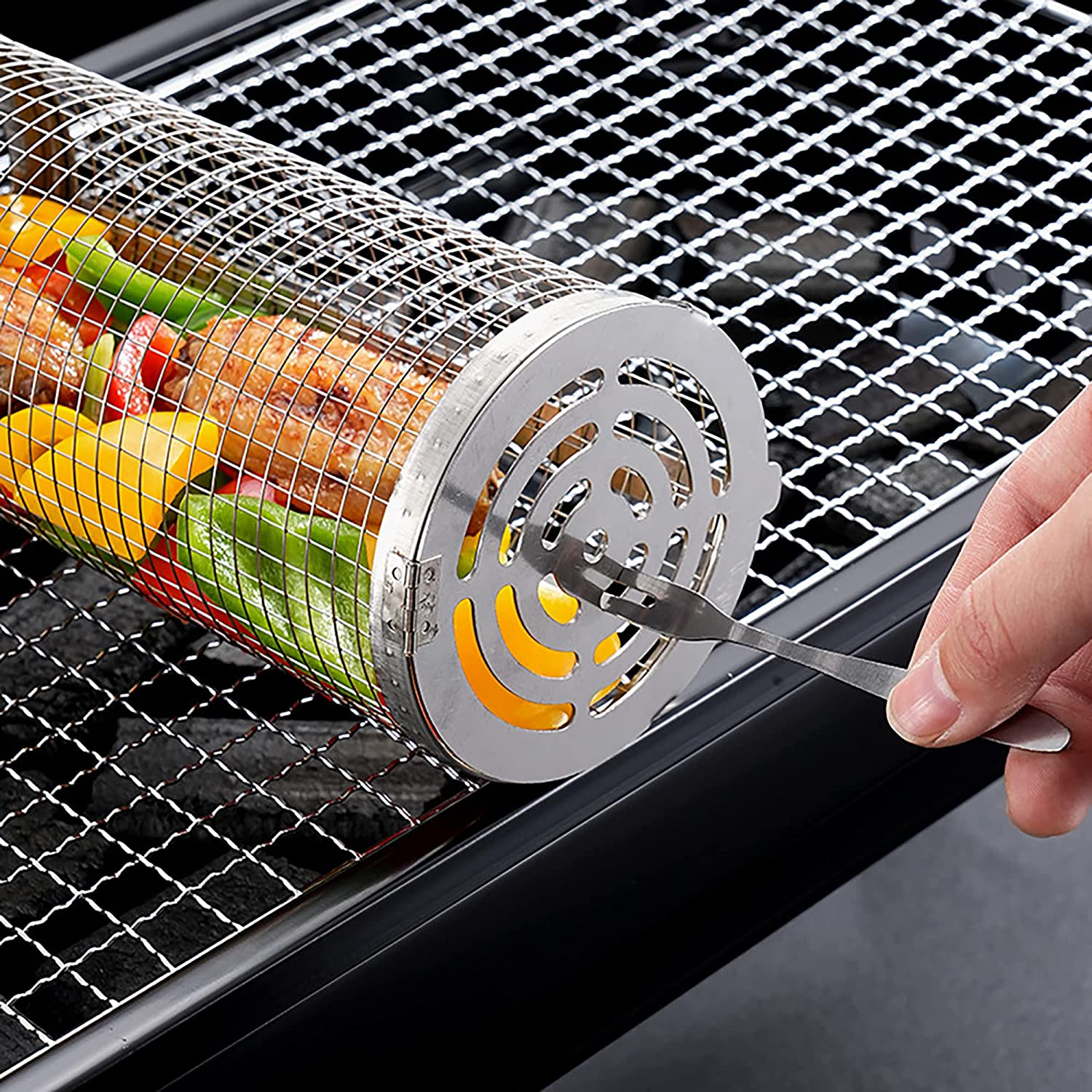 Panier à Griller Roulant - Grille de Barbecue en Acier Inoxydable pour Légumes, Poisson et Frites, Grille Ronde en Acier Inoxydable (L, Lot de 3) - 3
