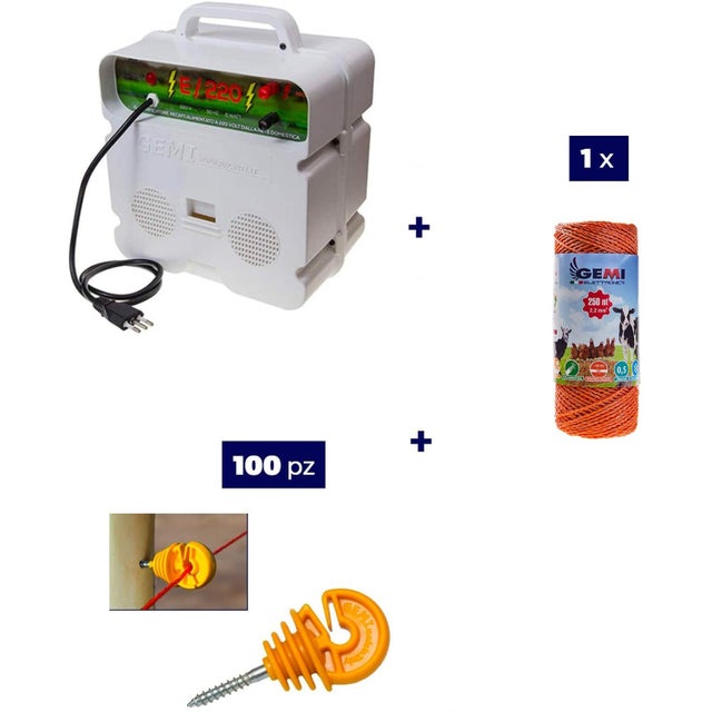 Kit recinto elettrico con 1 x Elettrificatore 220V + 1 x Filo 250 MT 2 Mm² + 100 pz isolatori per pali in legno - Recinzione Elettrica Rete Elettrica