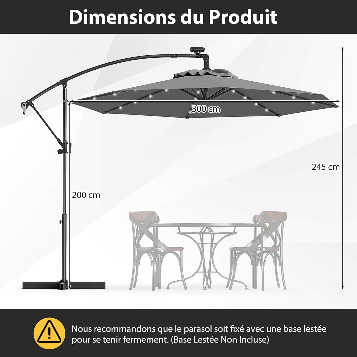 Parasol Déporté 3M avec 32 LED Solaires, Parasol de Jardin 8 Baleines avec Tissu Protection Solaire, Parasol Inclinable Rotatif à 360° (Gris) - 2