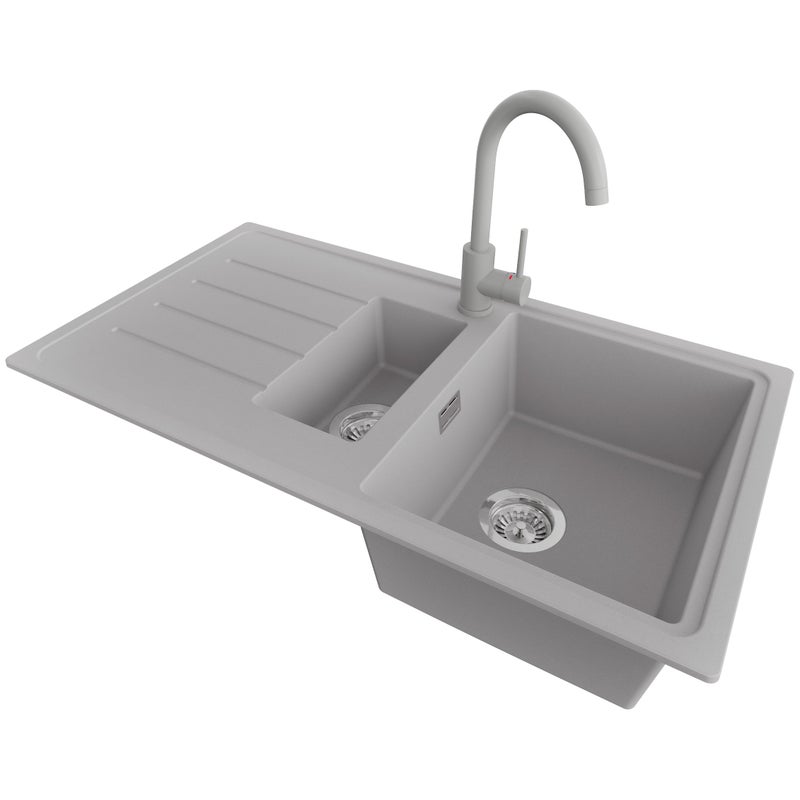 Zlewozmywak Granitowy Szary 90x50cm, Zlew Kuchenny 1,5 Komorowy + Bateria 32x20cm + Syfon, Nablatowy do szafki od 60cm - Kopenhaga Duo PRIMAGRAN