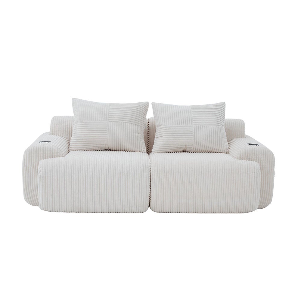 Canapé 2 places 200 cm - Canapé modulable avec accoudoirs - Porte-gobelets - Sans montage - Tissu velours côtelé - Beige - 7