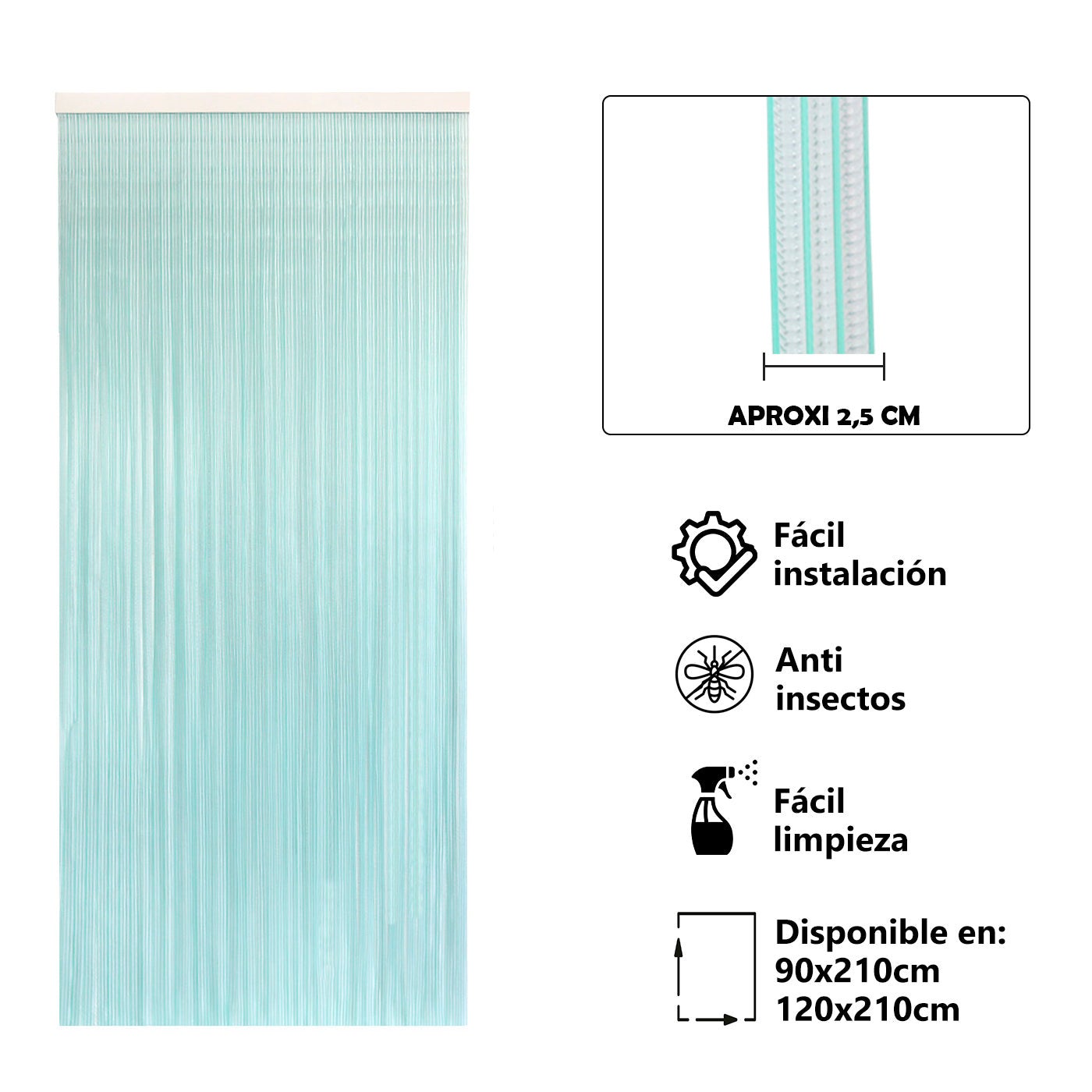 Aitsse- cortina de pvc para puerta exterior o interior con barra de aluminio (210x90cm,transparente+filo verde p7)