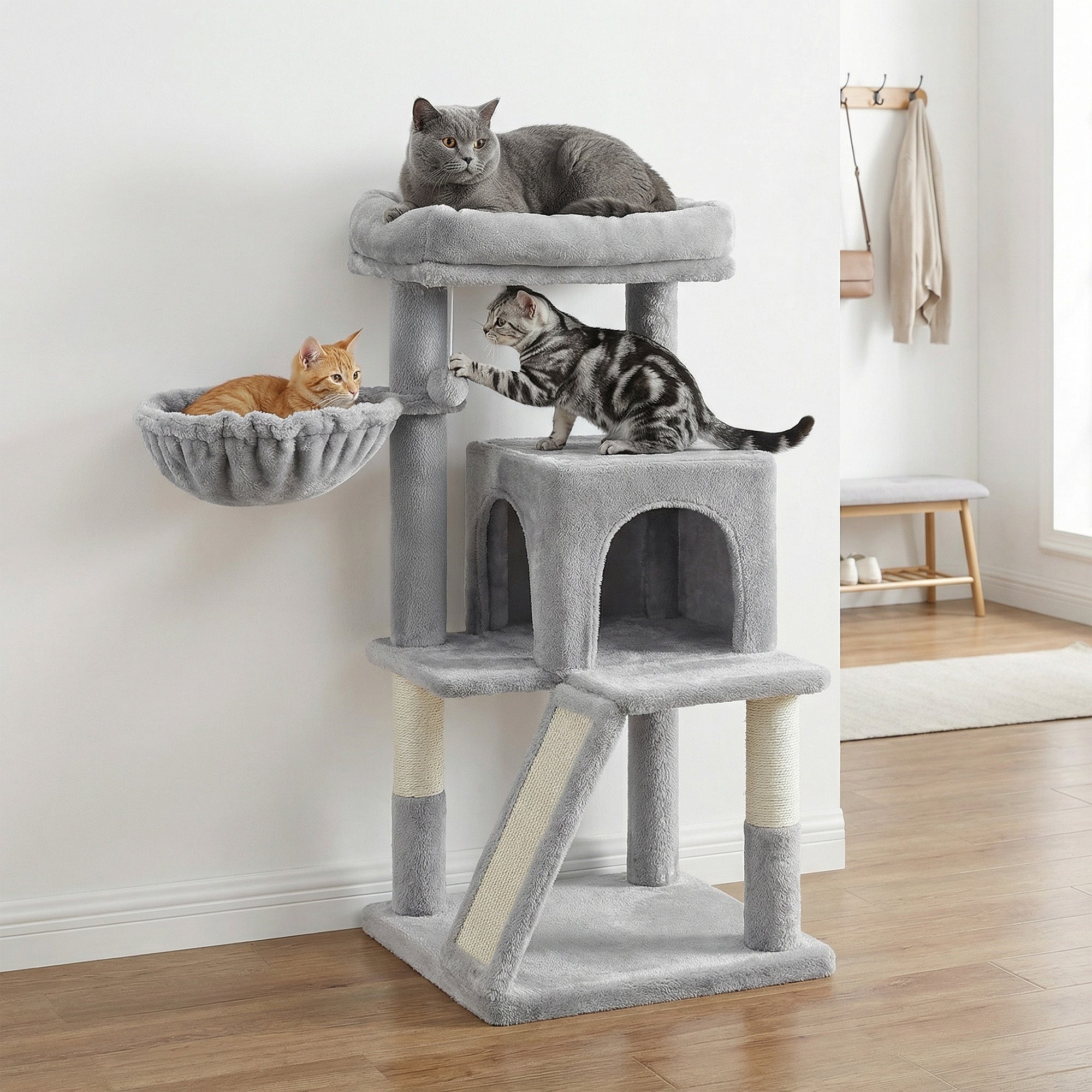 Petit Arbre à Chat, Poteaux à Griffer et Rampe, Gris Clair - 2