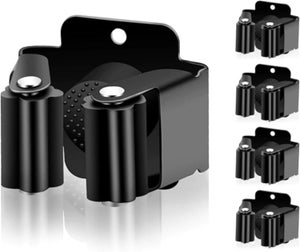 Portascope Da Parete Con 4 Slot E 5 Ganci - Supporto A Ventosa Per Scope, Mocio E Attrezzi, Grigio/Nero, Salvaspazio