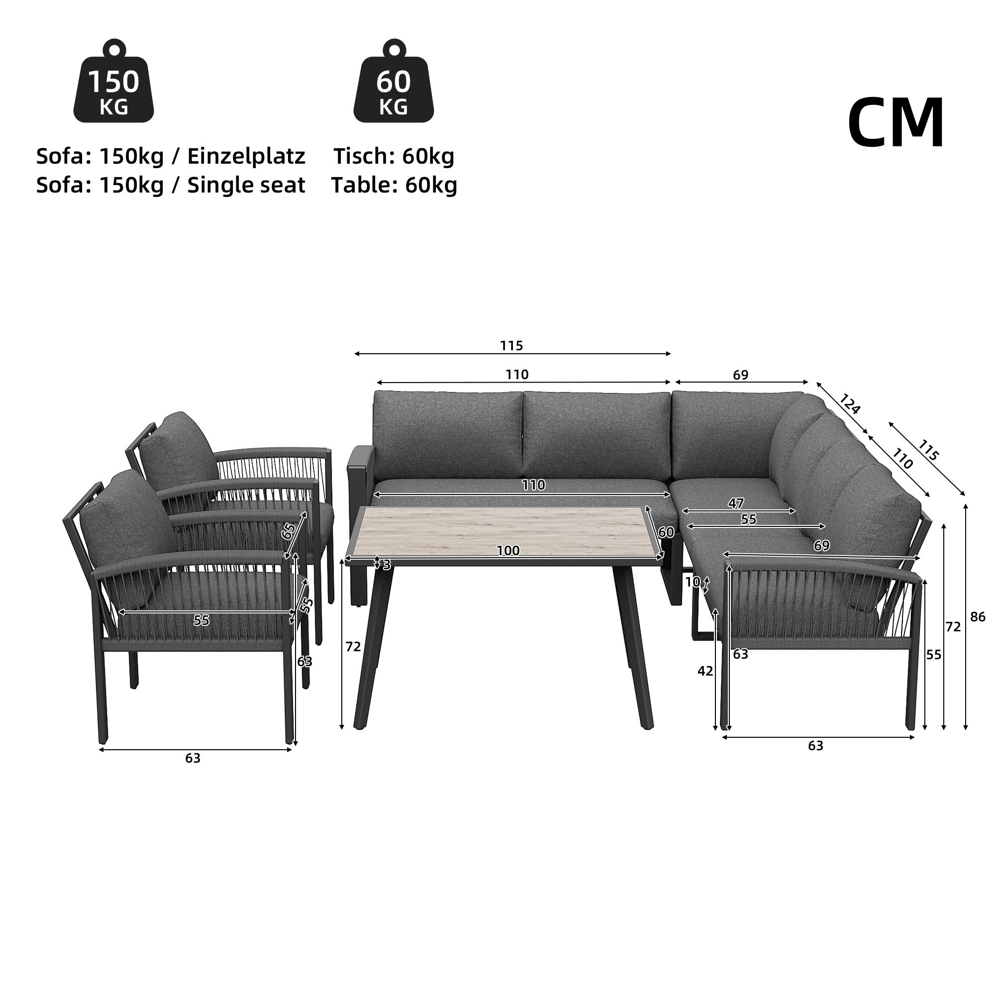 Ensemble de meubles de jardin pour 8 personnes, Salon de jardin Exterieur en fer avec table imitation bois- Pieds réglables - Coussins inclus - gris - 3