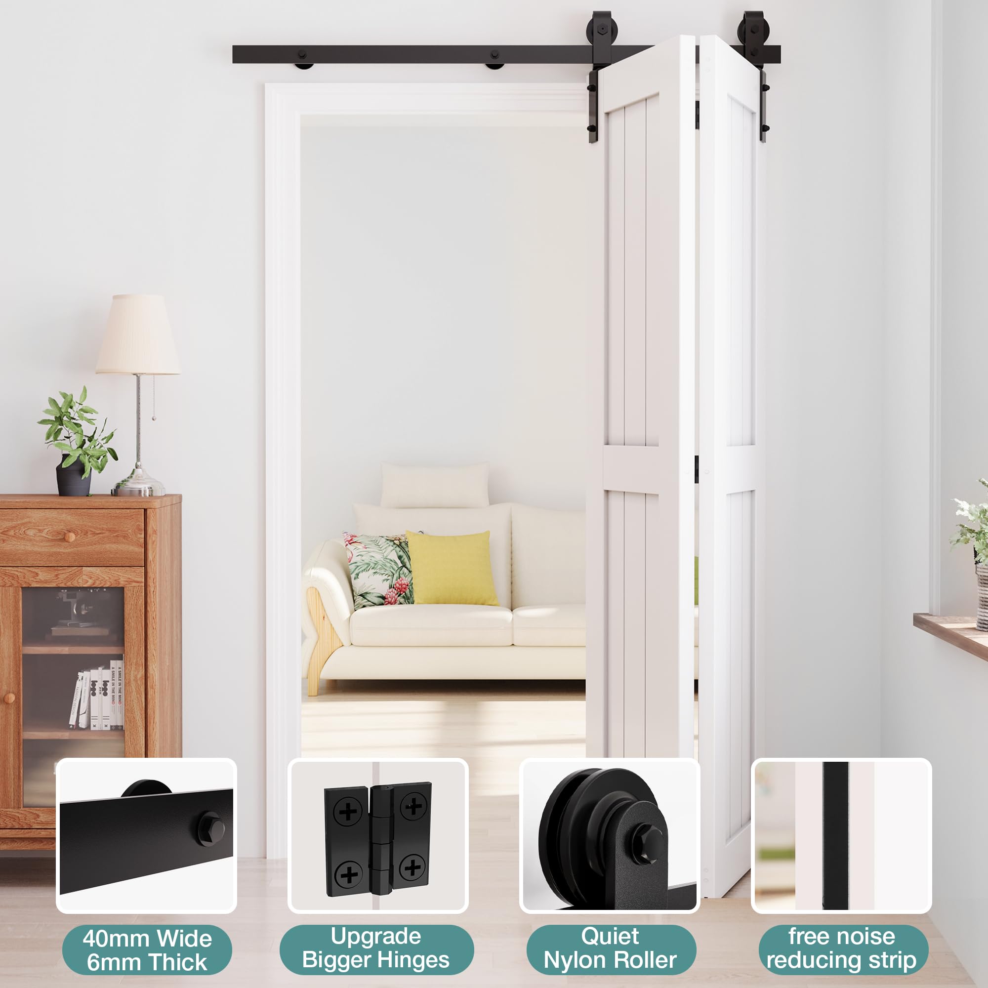 3.3FT/100CM Porte Coulissante Pliante Intérieur Noir Rail Kit 2x46CM Installation Facile Sans Porte - 2